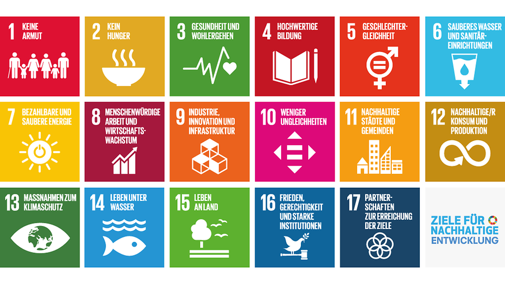 Diese Grafik zeigt die Ziele der SDGs: Keine Armut, kein Hunger, Gesundheit und Wohlergehen, Hochwertige Bildung, Geschlechtergleichheit, Sauberes Wasser und Sanitäreinrichtungen, Bezahlbare und saubere Energie, Menschenwürdige Arbeit und Wirtschaftswachstum, Industrie, Innovation und Infrastruktur, Weniger Ungleichheiten, Nachhaltige Städte und Gemeinden, Nachhaltige/r Konsum und Produktion, Maßnahmen zum Klimaschutz, Leben unter Wasser, Leben an Land, Frieden, Gerechtigkeit und starke Institutionen, Partnerschaften zur Erreichung der Ziele.