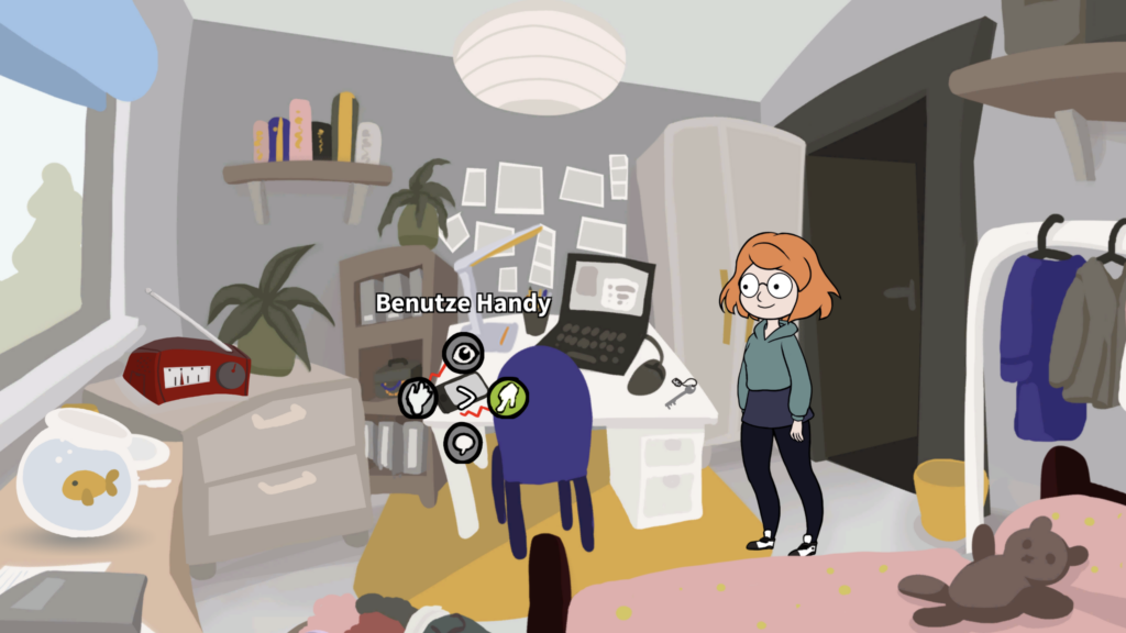 Screenshot aus dem Spiel Horst, es zeigt die Spielfigur Kim in ihrem Zimmer.