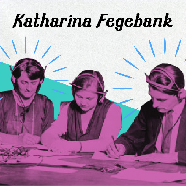 3 Personen mit Kopfhörern und dem Schriftzug Katharina Fegebank