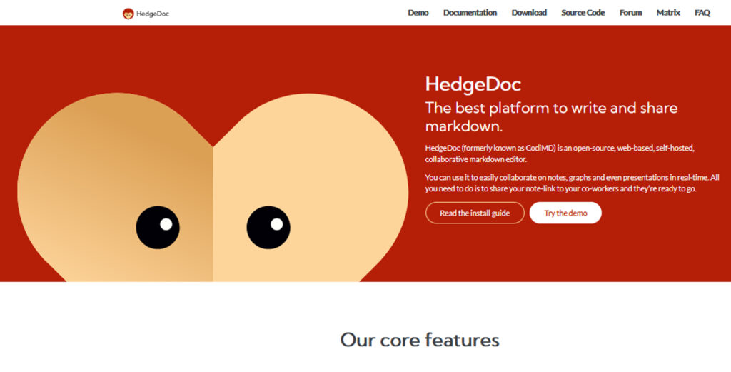 Screenshot Startseite HedgeDoc Header