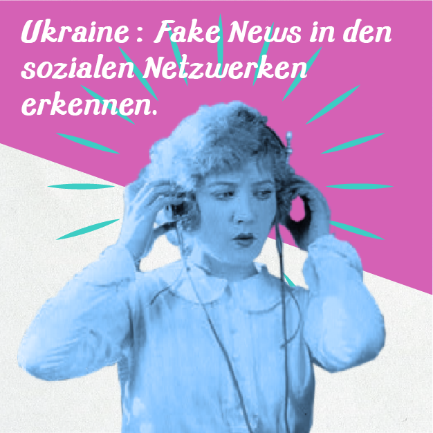 Podcastcover HHH mit dem Schriftzug Ukraine: Fake News in den sozialen Netzwerken erkennen. Zu sehen ist eine Frau mit Kopfhörern.