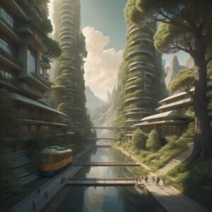Eine Stadt der Zukunft. Grüne Gebäude, Wasser, Straßenbahnen