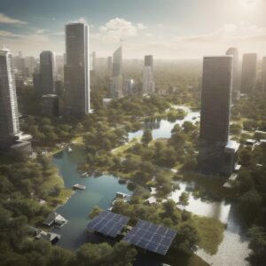 Eine Stadt der Zukunft. Zu sehen sind hohe Gebäude, viel grün und Wasser
