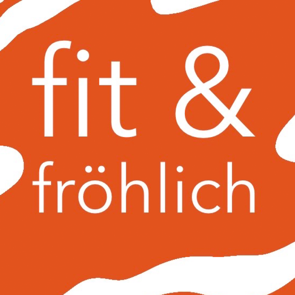 Auf orangem Hintergrund steht mit weißer Schrift fit und fröhlich