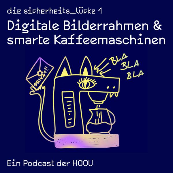 Grafik einer kreativen Kaffemaschine mit Augen und Ohren