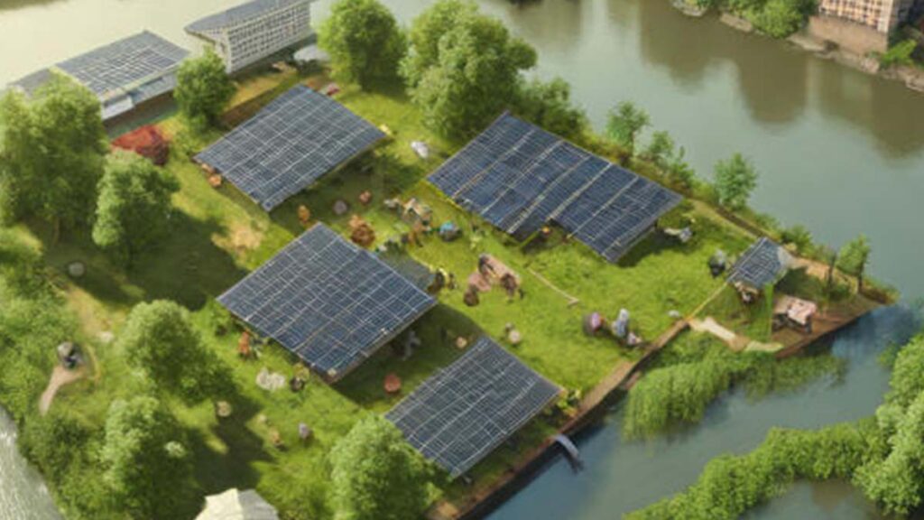 Das Bild ist KI-generiert und zeigt eine Stadt, die vor allem grün und nachhaltig ist. Solarpanels und viele Bäume sind zu sehen. (Bild: Stable Diffusion SDXL Turbo)