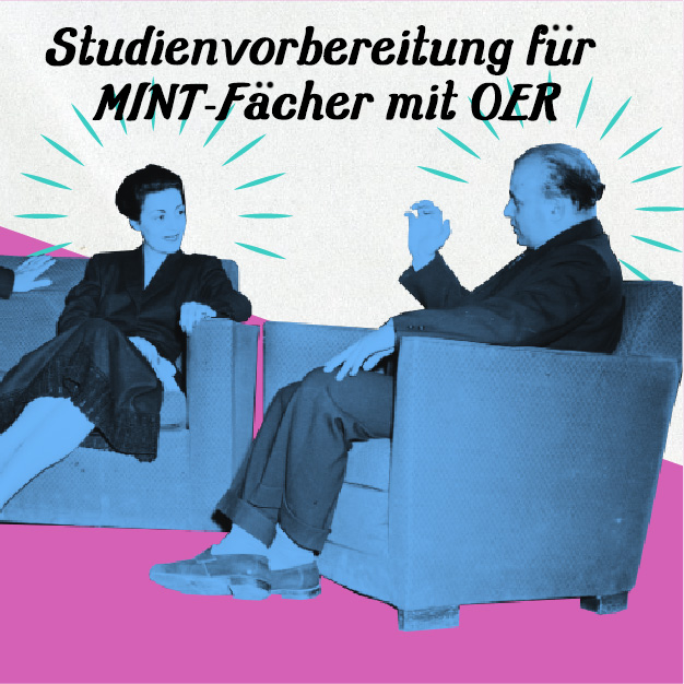 Zwei Personen sitzen auf Sesseln und unterhalten sich. Es handelt sich um das Podcast Cover von Hamburg hOERt ein HOOU und der Folge Studienvorbereitung für MINT Fächern mit OER