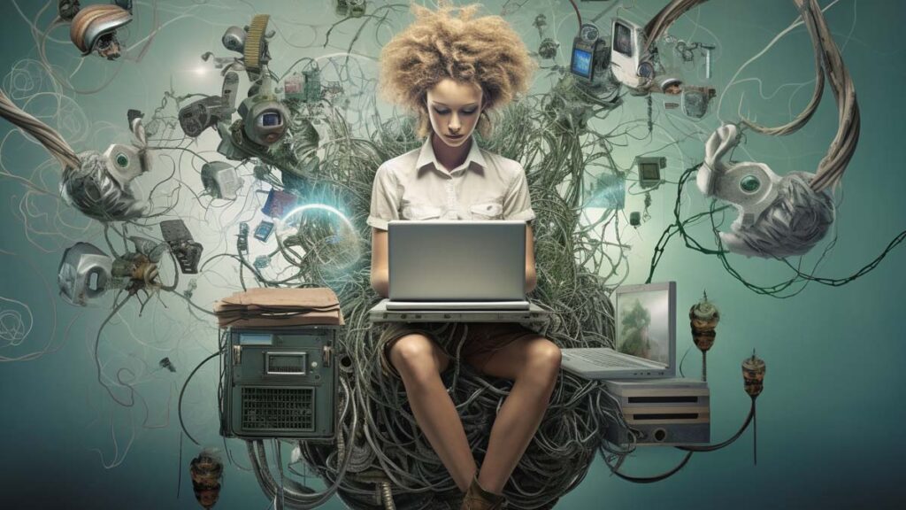 Das Bild ist KI-generiert. Es zeigt eine Frau, die umgeben von verschiedenen Objekten am Laptop sitzt.