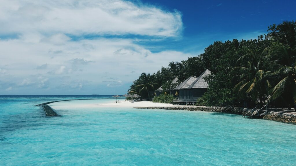 Das Bild zeigt die Malediven. Zu sehen ist türkisblaues Meer und ein weißer Sandstrand mit Bäumen.