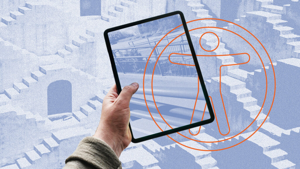 Eine Hand hält ein iPad auf dem ein Foto mit Gehrampen zu sehen sind und im Hintergrund liegt ein anderes Bild mit vielen Treppenstufen.