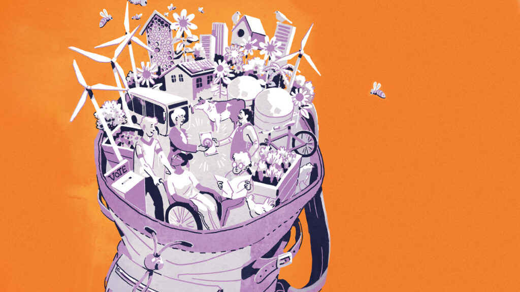 Zu sehen ist ein Rucksack mit einem, was zur Gemeinwohl-Ökonomie gehört.