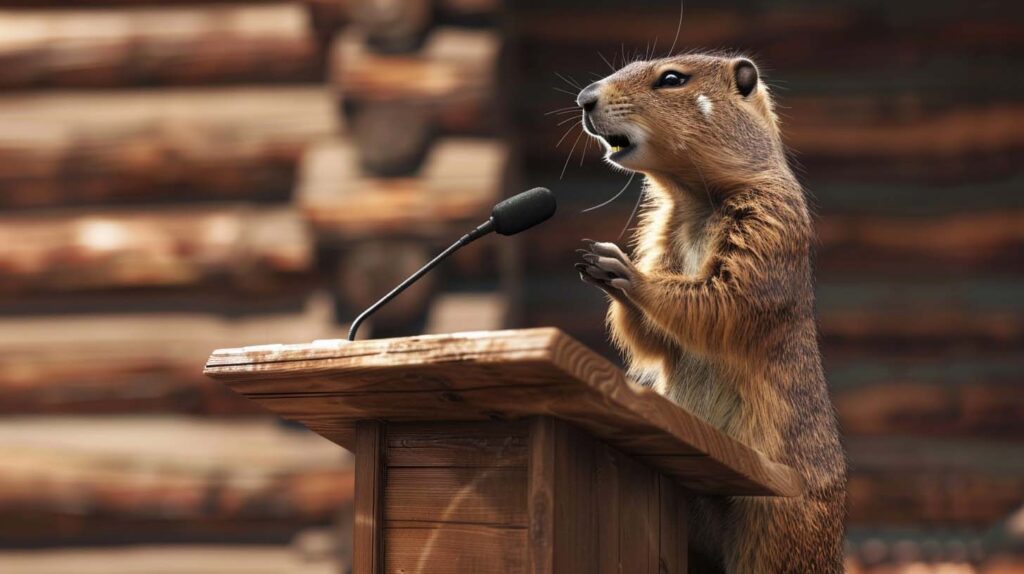 Ein Tier steht an einem Rednerpult und hält eine Rede