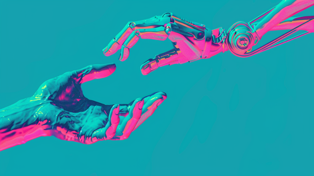 Das Bild zeigt zwei Hände, die einander fast berühren. Das eine ist eine menschliche Hand, das andere eine Roboterhand.