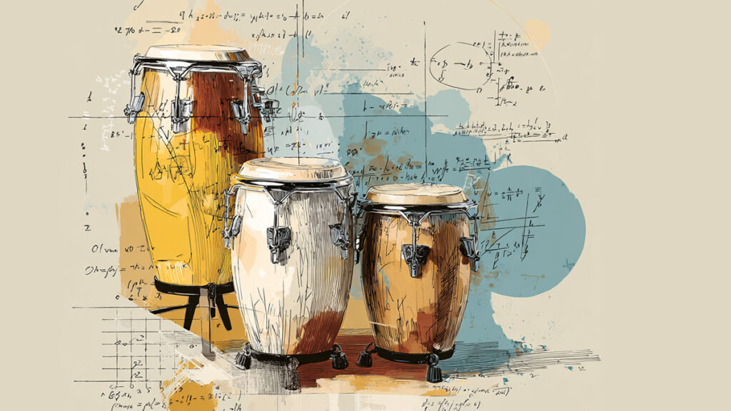 Eine KI-generierte Illustration mit 3 unterschiedlich großen Congas und notizenhaften Berechnungen darumherum.