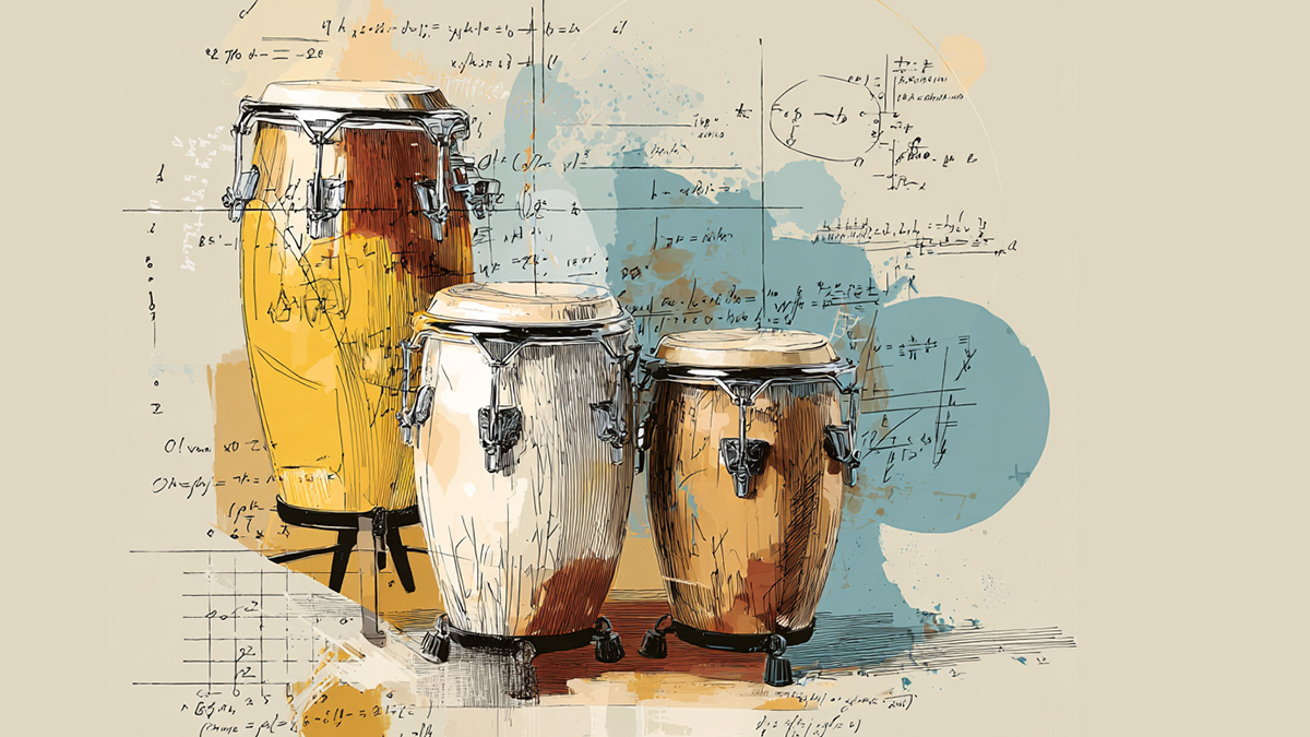 Eine KI-generierte Illustration mit 3 unterschiedlich großen Congas und notizenhaften Berechnungen darumherum.