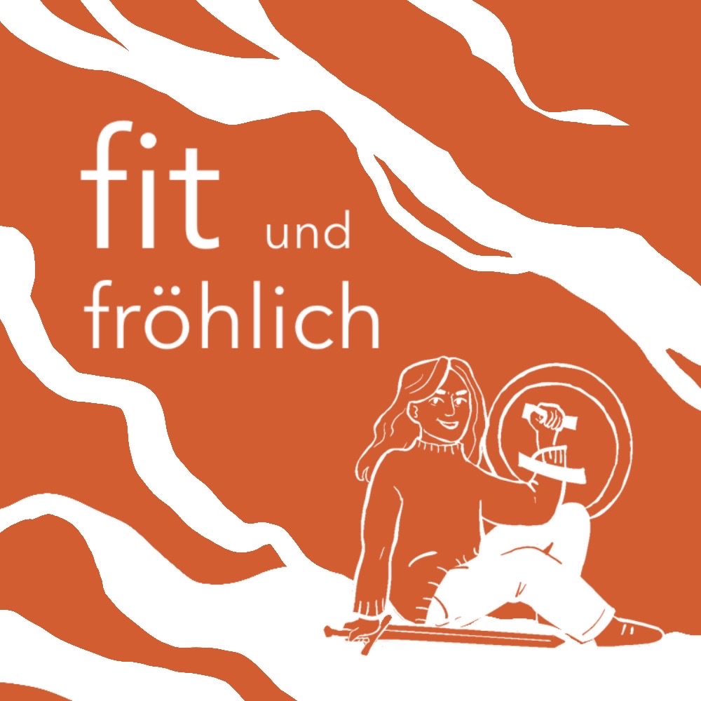 Podcastcover mit orangen Hintergrund auf der in weißer Schrift steht fit und fröhlich