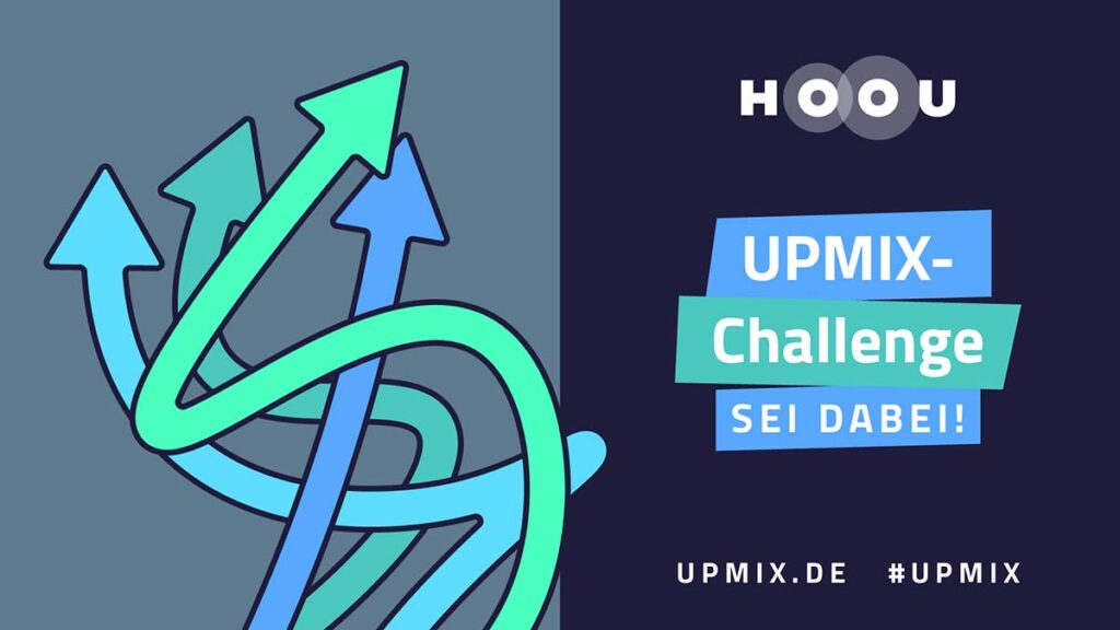 Grafiken von Pfeilen mit HOOU Logo und Ankündigung der Upmix Challenge