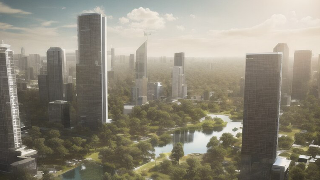 Eine Stadt der Zukunft. Zu sehen sind hohe Gebäude, viel grün und Wasser